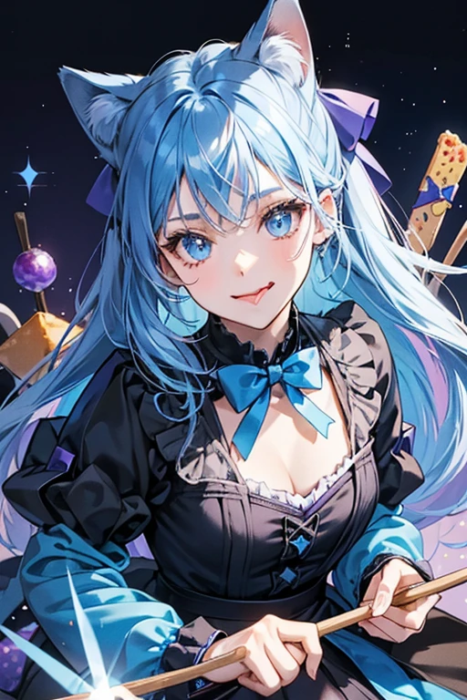 A shiny, light blue (darker blue in her toy form and Snackables) girl cat Num made from rock candy. She has basic eyes and sticks her tongue out of her slanted mouth. She wears a grape-colored ribbon on her two sticks. SPARKLE; GLITTER