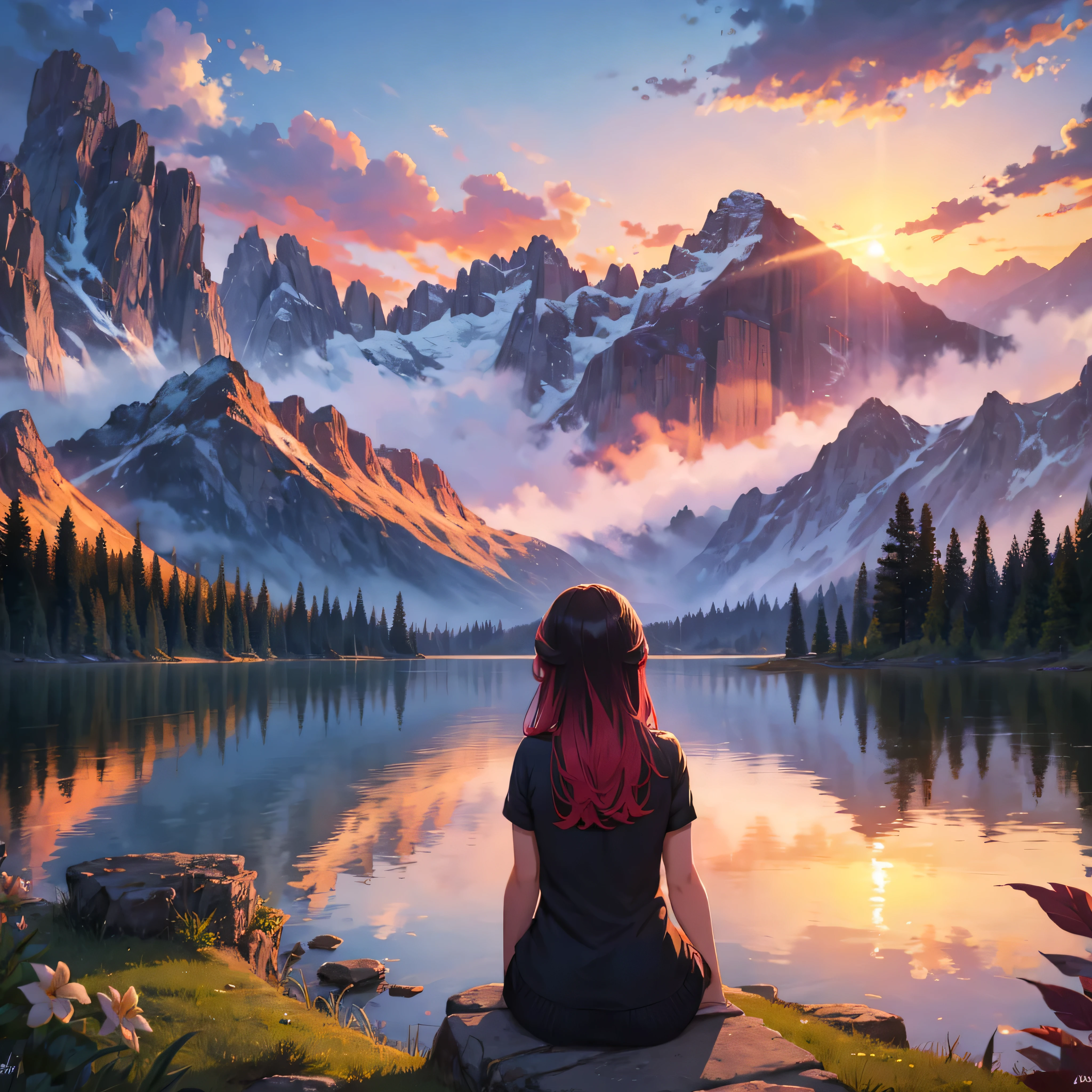 far shot of a girl sitting by a lake, staring into the distance surrounded by mountains and a beautiful sunset with many colors