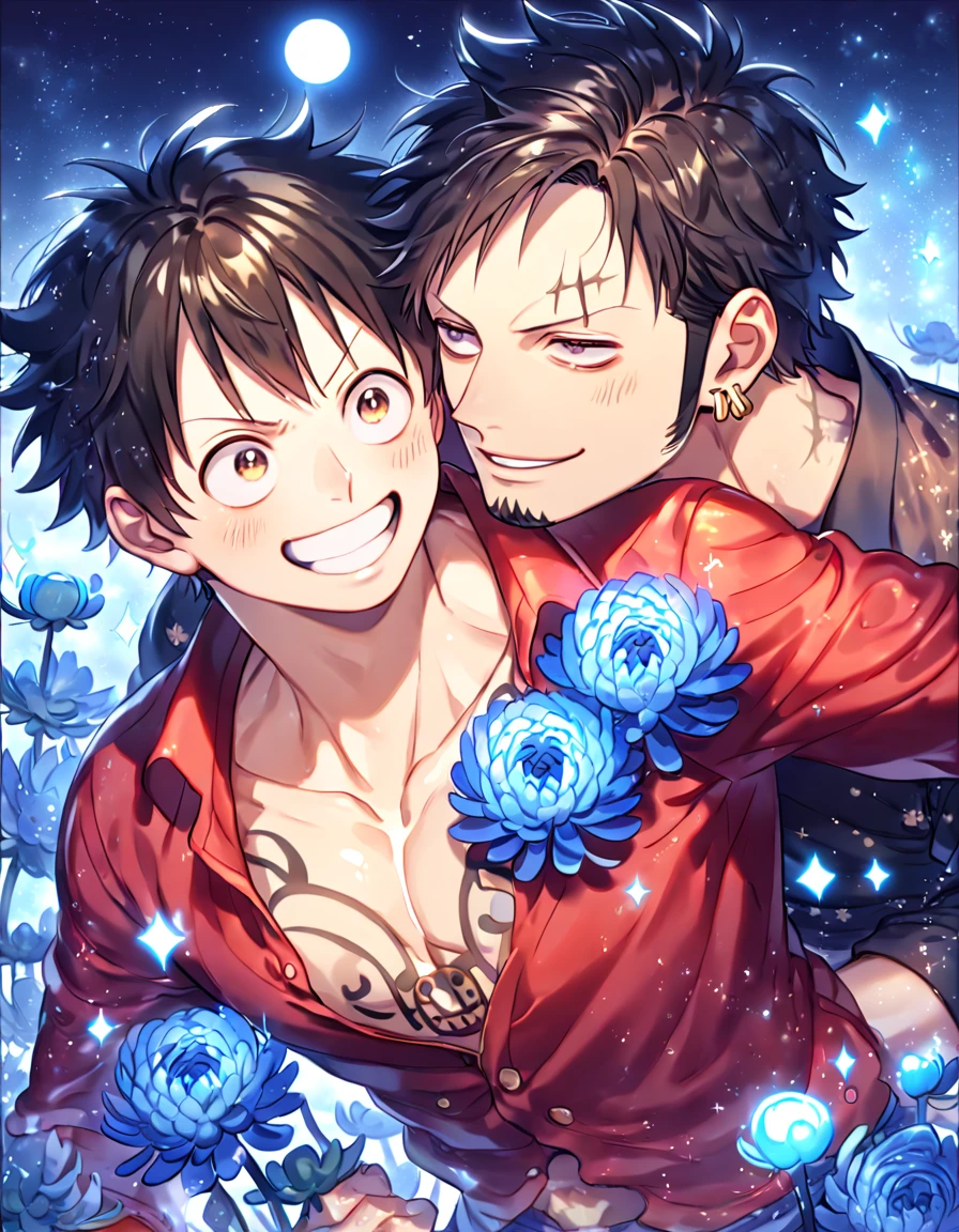 absurdres, highres, ultra detailed, HDR, master piece, best quality, extremely detailed, Trafalgar Law, black hair, expressive gray eyes, One Piece, Monkey D Luffy, black hair, expressive brown eyes, two sexy men together, yaoi, gay couple, handsome, handsome smile, red shirt, yellow sweeter, water, sparkling, blue glittering fireflies, blue moon, blue blossoms, blue chrysanthemums, blue sparkling lights, starry sky