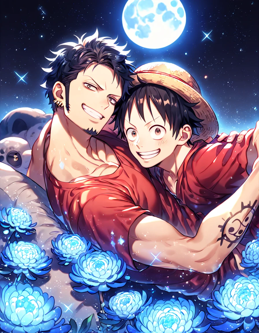absurdres, highres, ultra detailed, HDR, master piece, best quality, extremely detailed, Trafalgar Law, black hair, expressive gray eyes, One Piece, Monkey D Luffy, black hair, expressive brown eyes, two sexy men together, yaoi, gay couple, handsome, handsome smile, red shirt, yellow sweeter, water, sparkling, blue glittering fireflies, blue moon, blue blossoms, blue chrysanthemums, blue sparkling lights, starry sky