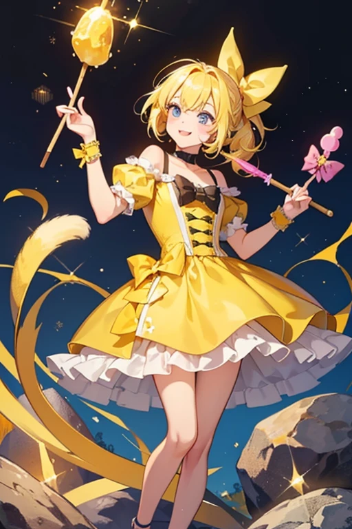 Bridget Banana is a shiny yellow girl cat made from rock candy. She has basic eyes and sticks her tongue out from the left of her slanted mouth. She wears a desert yellow candy bow on her two sticks. SPARKLE; GLITTER