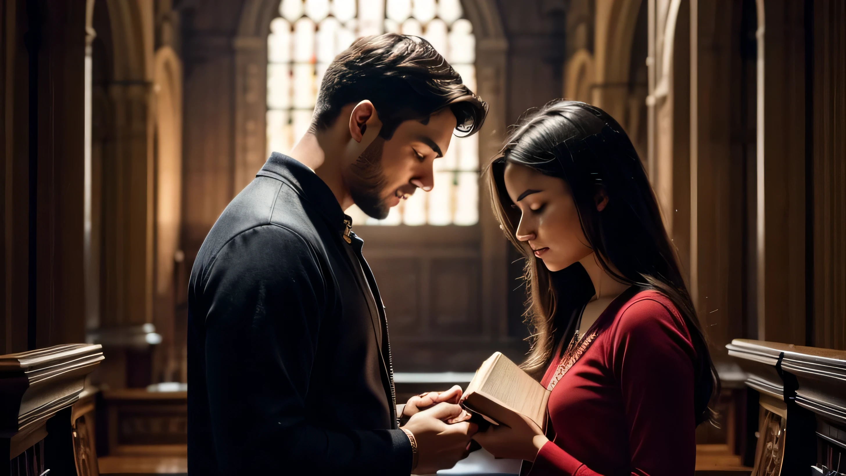 A captivating cinematic scene featuring a young couple, both showing a deep sense of faith. The woman is depicted with her hands gently folded in prayer, while the man holds a religious book close to his chest.