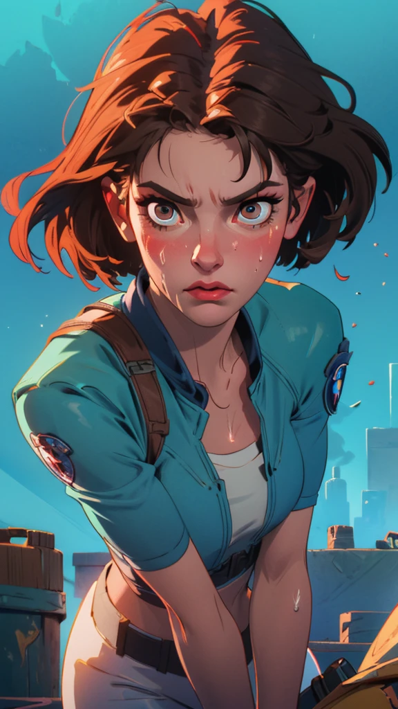 ((((masterpiece, best quality, high resolution)))), Extremely detailed 8K, 1 female, (Jill Valentine from Resident Evil) wearing a futuristic police gear, (Ultra HD, Ultra-detailed, Highly detailed, Highly realistic, Ultra-realistic, photograph realistic), (1girl:1.5), (Realistic short brown hair), (dynamic poses), facing at camera, looking at viewer, (a serious focus face), (regular black eyes, sharp eyes), (perky breasts:1.2), (beautiful detailed face, beautiful detailed eyes), ((slightly sweating)), (post-apocalyptic world background), sweat, glow, (sunbeam, sunlight), ((cowboy shot)), seductive, EnvyBetterHands LoCon,