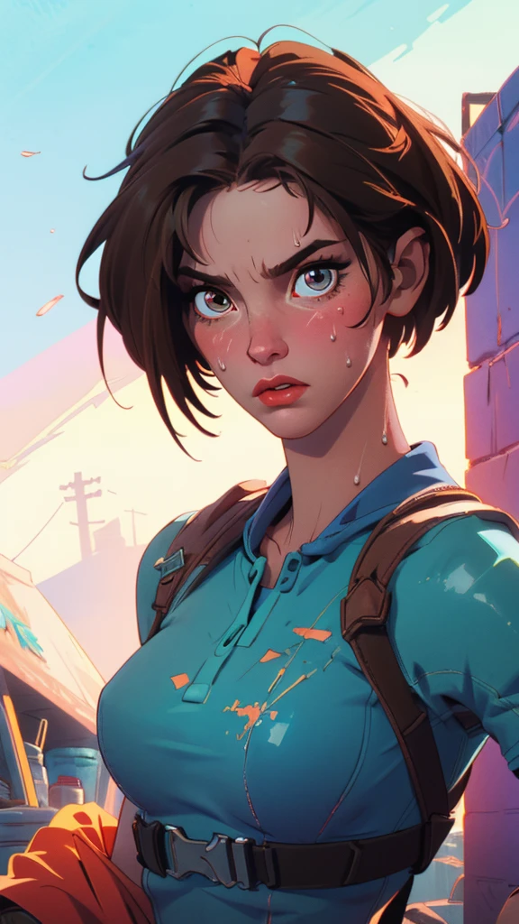 ((((masterpiece, best quality, high resolution)))), Extremely detailed 8K, 1 female, (Jill Valentine from Resident Evil) wearing a futuristic police gear, (Ultra HD, Ultra-detailed, Highly detailed, Highly realistic, Ultra-realistic, photograph realistic), (1girl:1.5), (Realistic short brown hair), (dynamic poses), facing at camera, looking at viewer, (a serious focus face), (regular black eyes, sharp eyes), (perky breasts:1.2), (beautiful detailed face, beautiful detailed eyes), ((slightly sweating)), (post-apocalyptic world background), sweat, glow, (sunbeam, sunlight), ((cowboy shot)), seductive, EnvyBetterHands LoCon,
