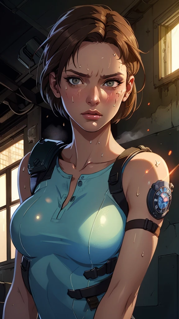 ((((masterpiece, best quality, high resolution)))), Extremely detailed 8K, 1 female, (Jill Valentine from Resident Evil) wearing a futuristic police gear, (Ultra HD, Ultra-detailed, Highly detailed, Highly realistic, Ultra-realistic, photograph realistic), (1girl:1.5), (Realistic short brown hair), (dynamic poses), facing at camera, looking at viewer, (a serious focus face), (regular black eyes, sharp eyes), (perky breasts:1.2), (beautiful detailed face, beautiful detailed eyes), ((slightly sweating)), (post-apocalyptic world background), sweat, glow, (sunbeam, sunlight), ((cowboy shot)), seductive, EnvyBetterHands LoCon,