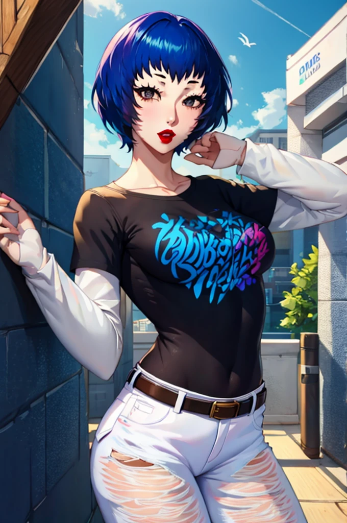 shiroganenaoto,dark blue hair, 1girl, solo, standing, black t-shirt, white shirt, blue jeans, belt, lipstick, large breasts,grey eyes