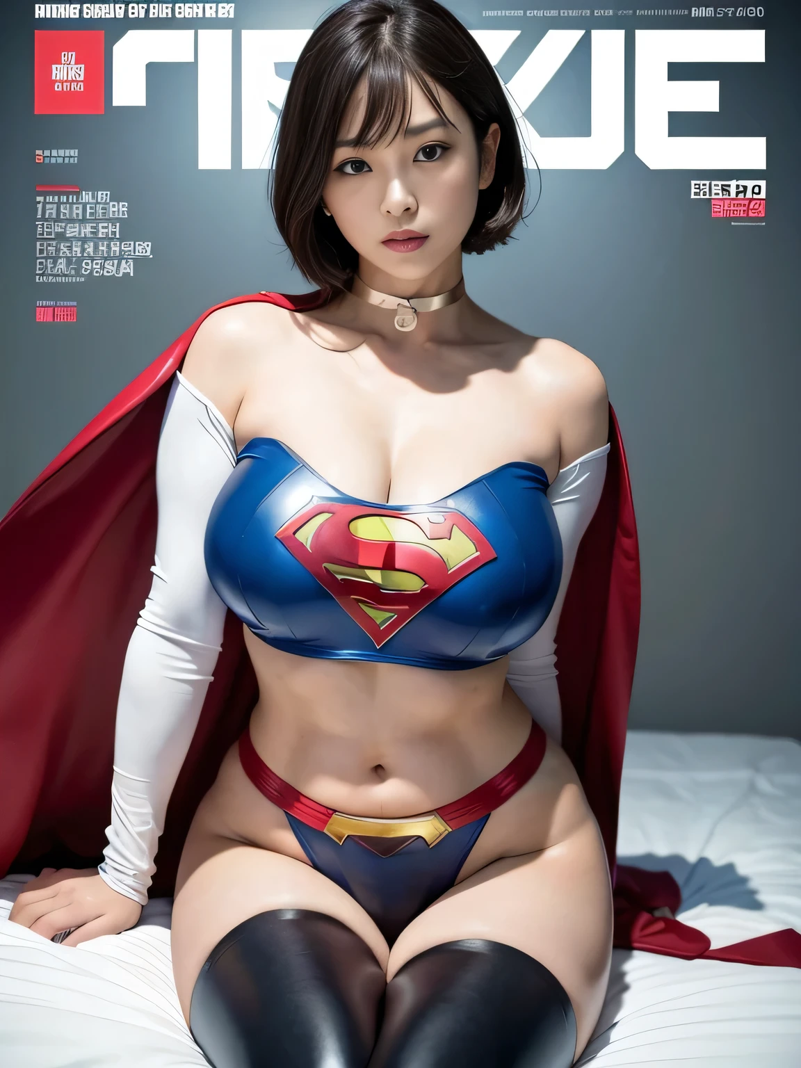 masterpiece、Rubber Supergirl Costume、Short Hair、Hospital operating table、Crisis situation、Big and ample breasts、looking at the camera、Shiny、Off the shoulder、choker、Long sleeve、exy poses to seduce、Sweaty skin、Model body type、Alluring、charm、Enchanting、Abused、test subject、victim、Wild、Photorealistic、latex、Expose your belly、athlete、High leg、Photo magazine cover、Cape、A voluptuous cleavage、wallpaper for pc、