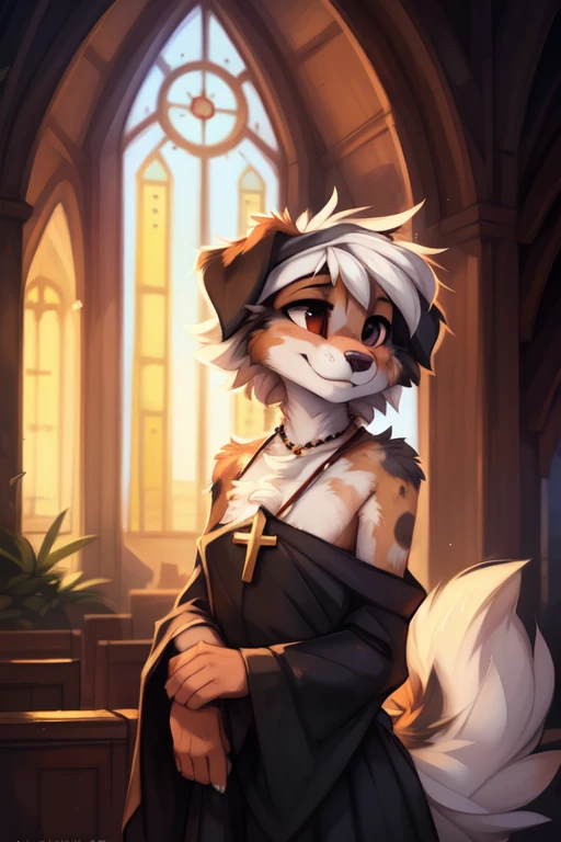 High quality, 8K, by kenket, by swaybat, by reysi, by Zackary911, by hyattlen, by teranen, by fumiko, by Pixelsketcher, by Bayard Wu, by Einshelm, by Kilinah, by Hioshiru, by fluff-kevlar, by Dimwitdog, Furry, Anthro, solo, ((australian shepard)), ((female)), ((young)), ((fluffy tail)), floppy ears, ears down, ((short white hair)), short, chest fluff, ribs, erotic, nun, church, holy, ribbons, beads, (exposed shoulder), smug, seductive