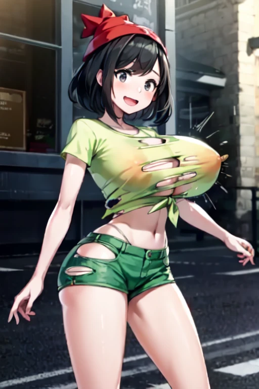 selene,woman, black eyes, short black hair, green shorts, red beanie,yellow shirt, tied shirt, midriff, looking at viewer, happy, laughing, mouth open,
outside, strip mall, hand reaching towards viewer, extreme detail, hdr, masterpiece, beautiful detail, huge breasts
((BEtorn:1.3)), stretching top