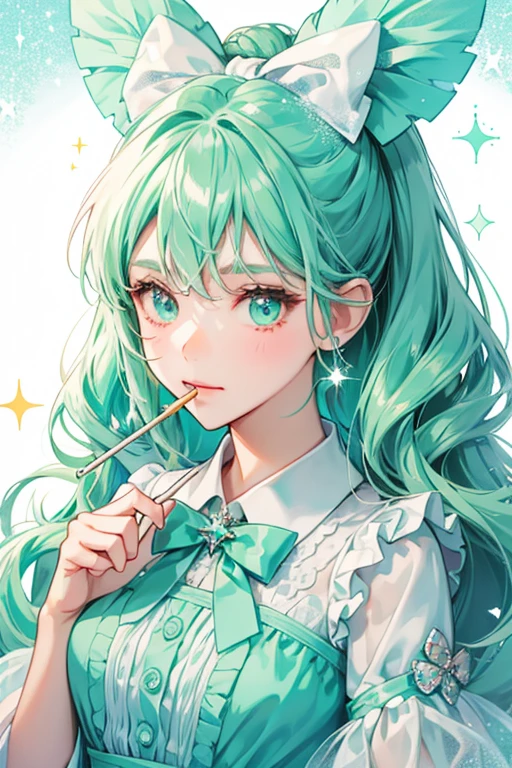 A mint-colored rock candy girl bear Num with a basic squinting expression. She is sparkly all over. Plugged on top of her is a Rock Candy stick adorned with a minty white bow. SPARKLE; GLITTER