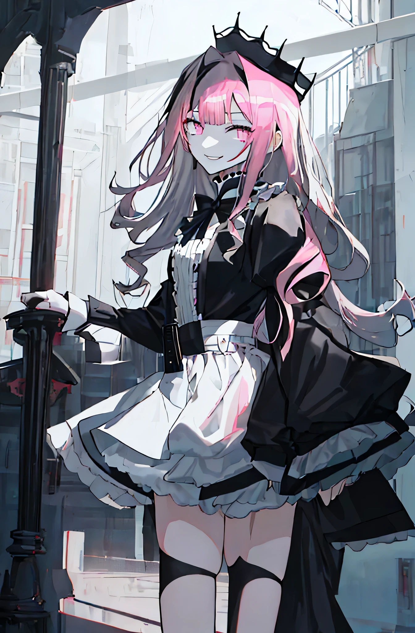 (solo), (girl),(((adult))), (pink eyes),(black long hair),(blunt bangs),(+perfect hand+:1.21),(Draw an illustration of cute girl),(slender),white skin,(white and black maid clothes),laugh,smile,((((adult)))), black and white clothes,((black long hair)),((black long hair)),((black long hair)),((black long hair)),((dynamic angle)),(dynamic pose),party hall,evil smile,(thin legs),slender,(whole body),