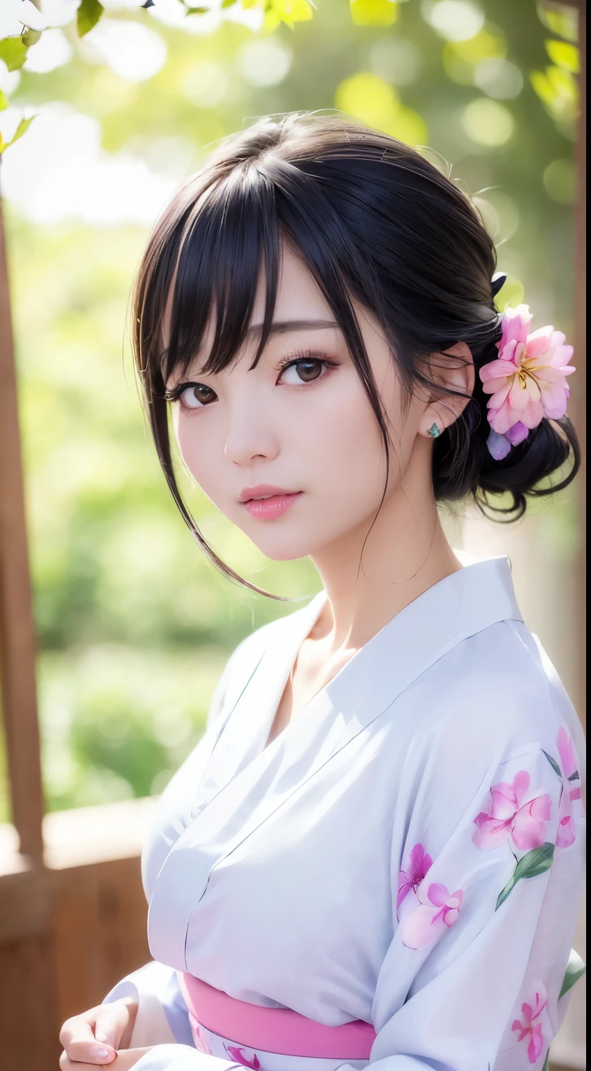 (logo、masterpiece、8k、Tabletop、RAW Photos、wonderful、最high quality、フォトリアリスティックでVery detailedな CG 複合 8k 壁紙、high quality、Very detailed、Narrative poem、Particle Effects、Dynamic Effects、Depth of the Boundary、Cinematic Light、Lens flare、Ray Tracing)、 (One beautiful woman wearing a yukata、White yukata、Light purple pattern)、Black-haired、High definition skin、Very fine、Fine skin texture、Beautiful Face、True Face、Beautiful details in the eyes、Realistic eyes、Beautifully detailed eyes、Realistic Skin、Beautiful Skin、Surreal、Smiling Eyes、Hair and light eyes、vivid、Colorful lights and bokeh、plump lower lip、Pink Lips、Hair flutters in Wind、Hair bounces、wonderful景色、night、evening、Wind、moonlight、moonlight、light