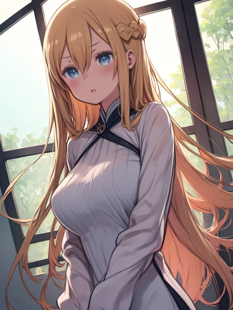 One Woman、Blonde Hair、long hair、Hair between the eyes、Blue Eyes、Braid、Big Breasts、Large shirts、White shirt only、No underwear、＾S-shaped mouth、V-shaped eyebrows、Upper Body、Cottage style house、Bedroom、indoor、night、Lamplight、fold your hands under your chest、Watching the audience、No underwear、No bra、blush、Are standing、Angle from below、
