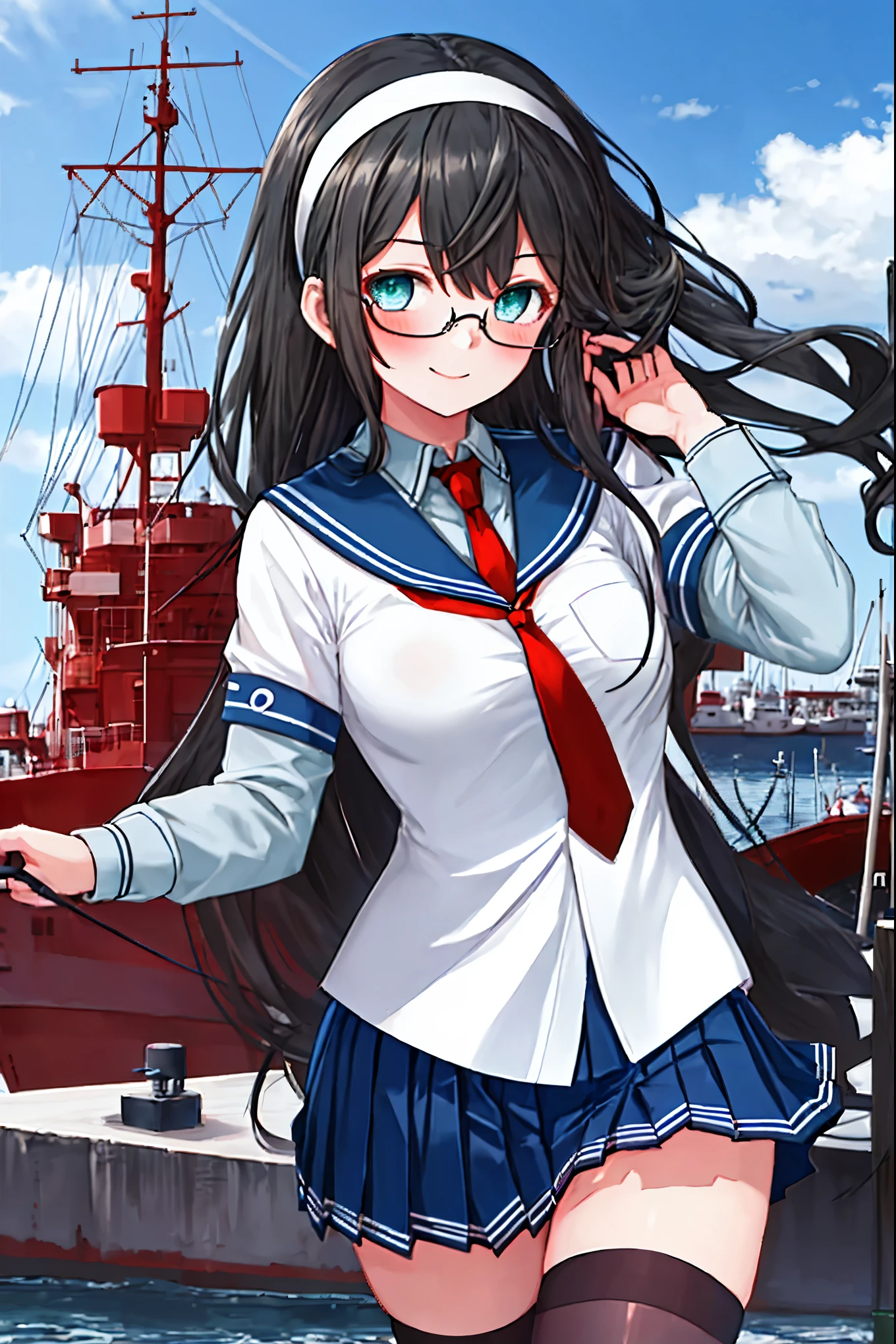 best quality, masterpiece, highres, solo, {ooyodo_kantaicollection:1.15}, black_hair, long_hair, glasses, hairband, semi-rimless_eyewear, under-rim_eyewear, blue_eyes, green_eyes, blush,small_breasts, 1girl, school_uniform, serafuku, pleats_skirt, looking_at_viewer, necktie, harbor_town_background, red_necktie,(angry:0.7),smile,,thigh-highs,solo