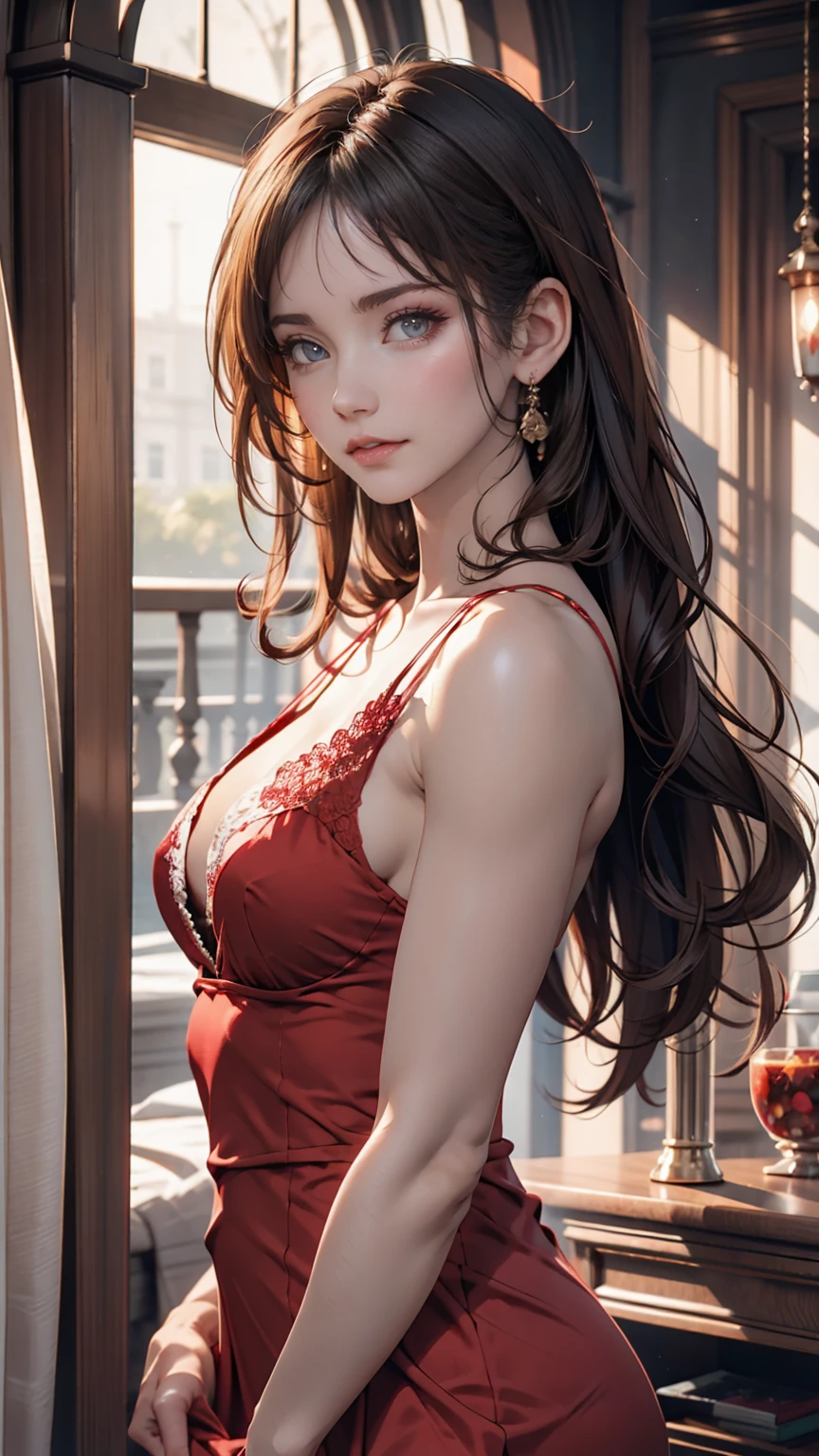 [White skin woman:1.2, Long Curly Hair:1.2, Elegant red dress, Low nose, Light brown eyes], Portraiture, VSCO Filters: C8)