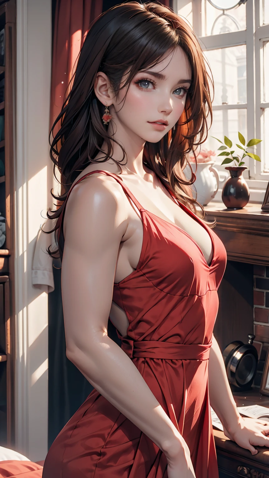 [White skin woman:1.2, Long Curly Hair:1.2, Elegant red dress, Low nose, Light brown eyes], Portraiture, VSCO Filters: C8)