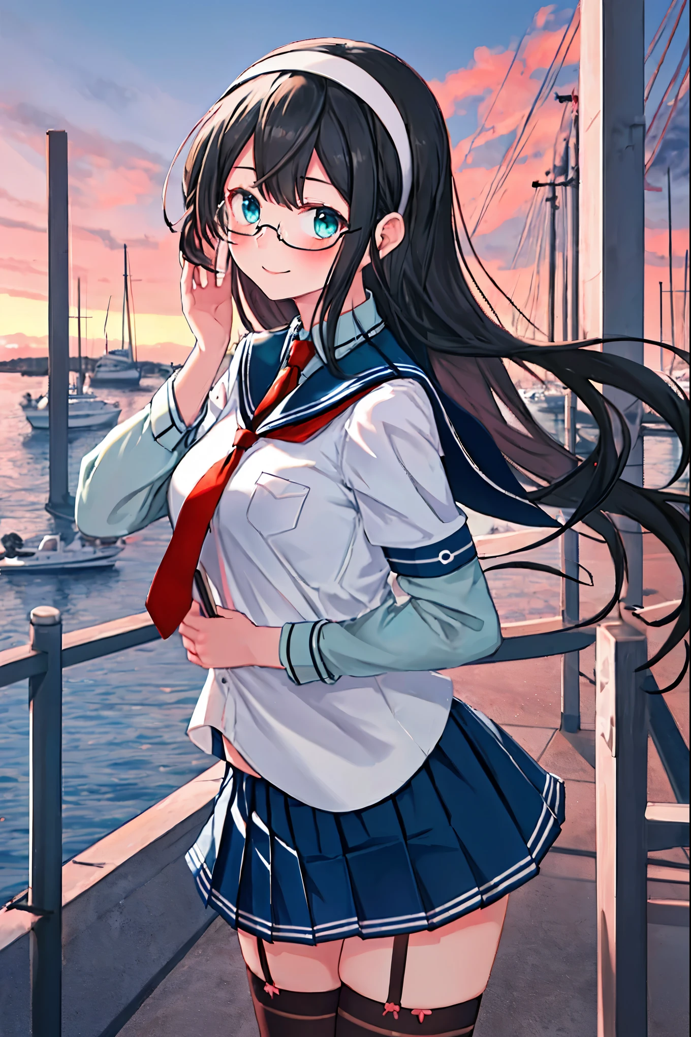 best quality, masterpiece, highres, solo, {ooyodo_kantaicollection:1.15}, black_hair, long_hair, glasses, hairband, semi-rimless_eyewear, under-rim_eyewear, blue_eyes, green_eyes, blush,small_breasts, 1girl, school_uniform, serafuku, pleats_skirt, looking_at_viewer, necktie, harbor_town_background, red_necktie,(angry:0.7),smile,,thigh-highs,solo