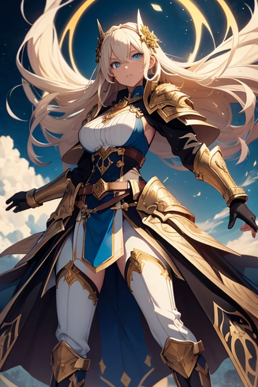A full-body portrait of a young woman in anime style, with long, light blonde hair, framed by a white mantle adorned with golden details. She has intense blue eyes and wears a form-fitting blue armor with intricate engravings of leaves and flowers, and golden metal pieces covering her shoulders and arms. A dark brown leather belt with metallic buckles secures her armor at the waist. She wears brown leather boots, standing in a dynamic action pose. A cross-shaped pendant adorns her chest. The background features a blue sky with fluffy clouds, highlighting her majestic and noble appearance, visible from head to toe.