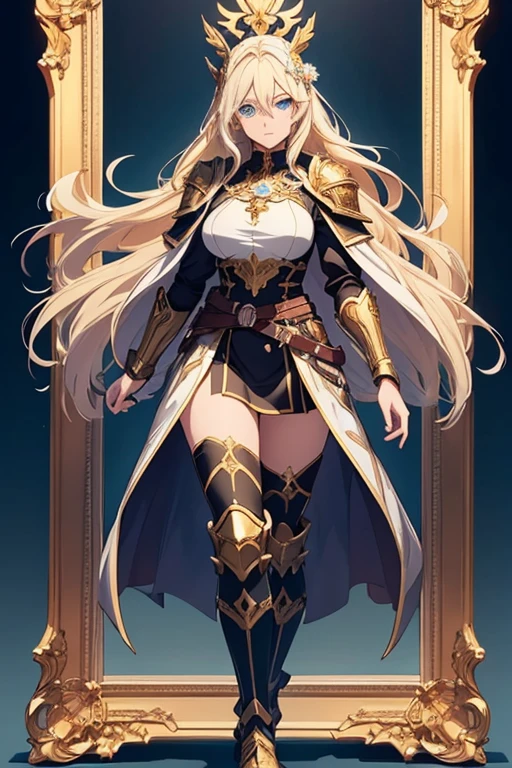 A full-body portrait of a young woman in anime style, with long, light blonde hair, framed by a white mantle adorned with golden details. She has intense blue eyes and wears a form-fitting blue armor with intricate engravings of leaves and flowers, and golden metal pieces covering her shoulders and arms. A dark brown leather belt with metallic buckles secures her armor at the waist. She wears brown leather boots, standing in a dynamic action pose. A cross-shaped pendant adorns her chest. The background features a blue sky with fluffy clouds, highlighting her majestic and noble appearance, visible from head to toe.