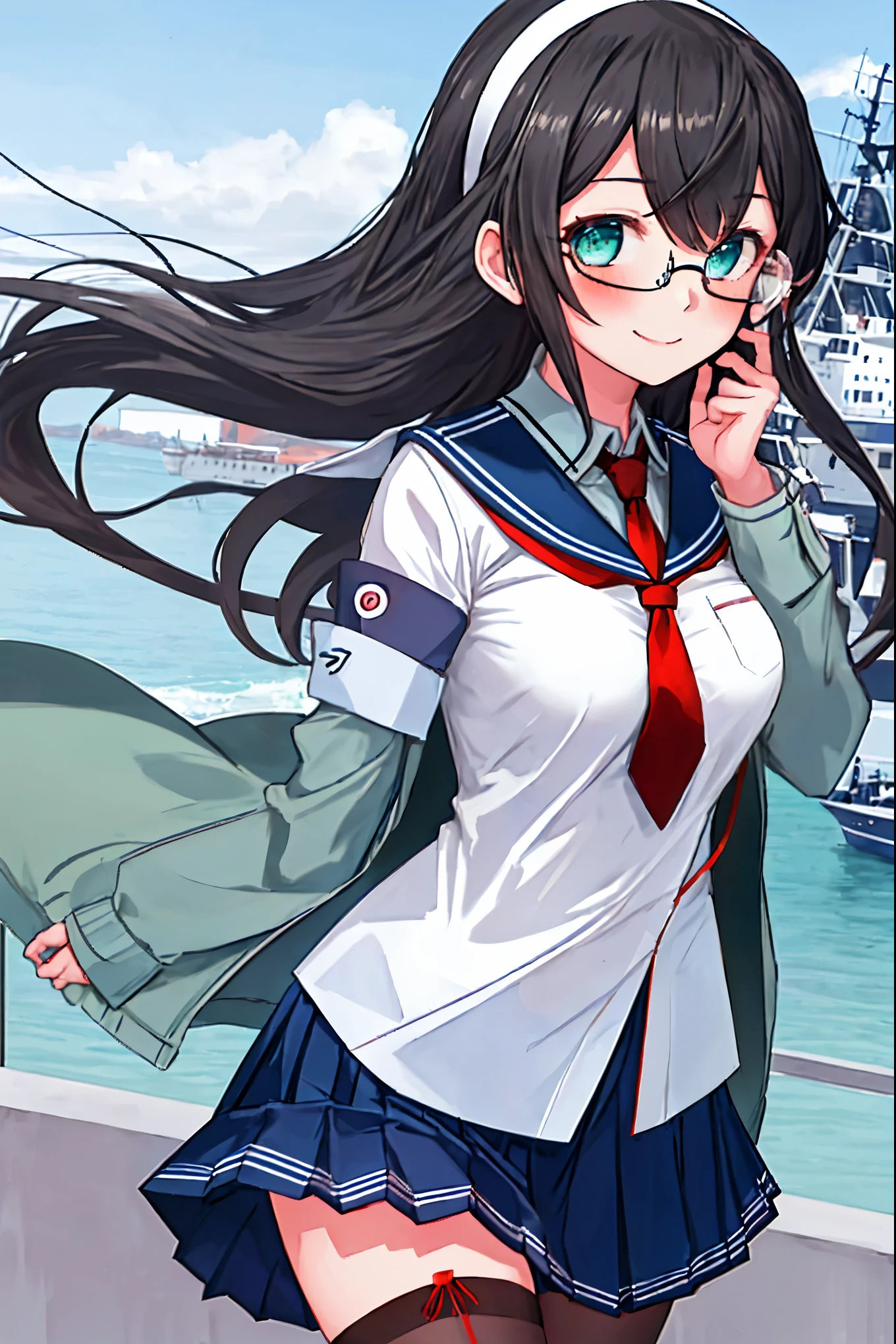 best quality, masterpiece, highres, solo, {ooyodo_kantaicollection:1.15}, black_hair, long_hair, glasses, hairband, semi-rimless_eyewear, under-rim_eyewear, blue_eyes, green_eyes, blush,small_breasts, 1girl, school_uniform, serafuku, pleats_skirt, looking_at_viewer, necktie, harbor_town_background, red_necktie,(angry:0.7),smile,,thigh-highs,solo
