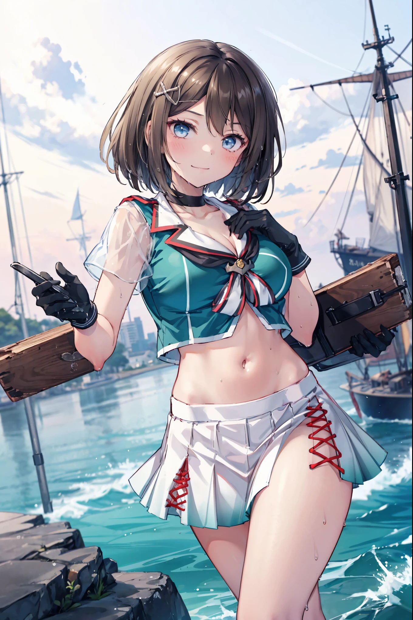 1young_teen_ girl, , brown_hair, medium_bob_hair, blue_midriff_baring_sailor_uniform, mini_skirt, short_sleeve, thighs, gigantic_breasts, (angry:0.6), smile,nihil,standing, harbor_landscape_background, slightly_spread_Legs, happiness, short_gloves, wet,,covered_nipples, covered_crotch,happy,