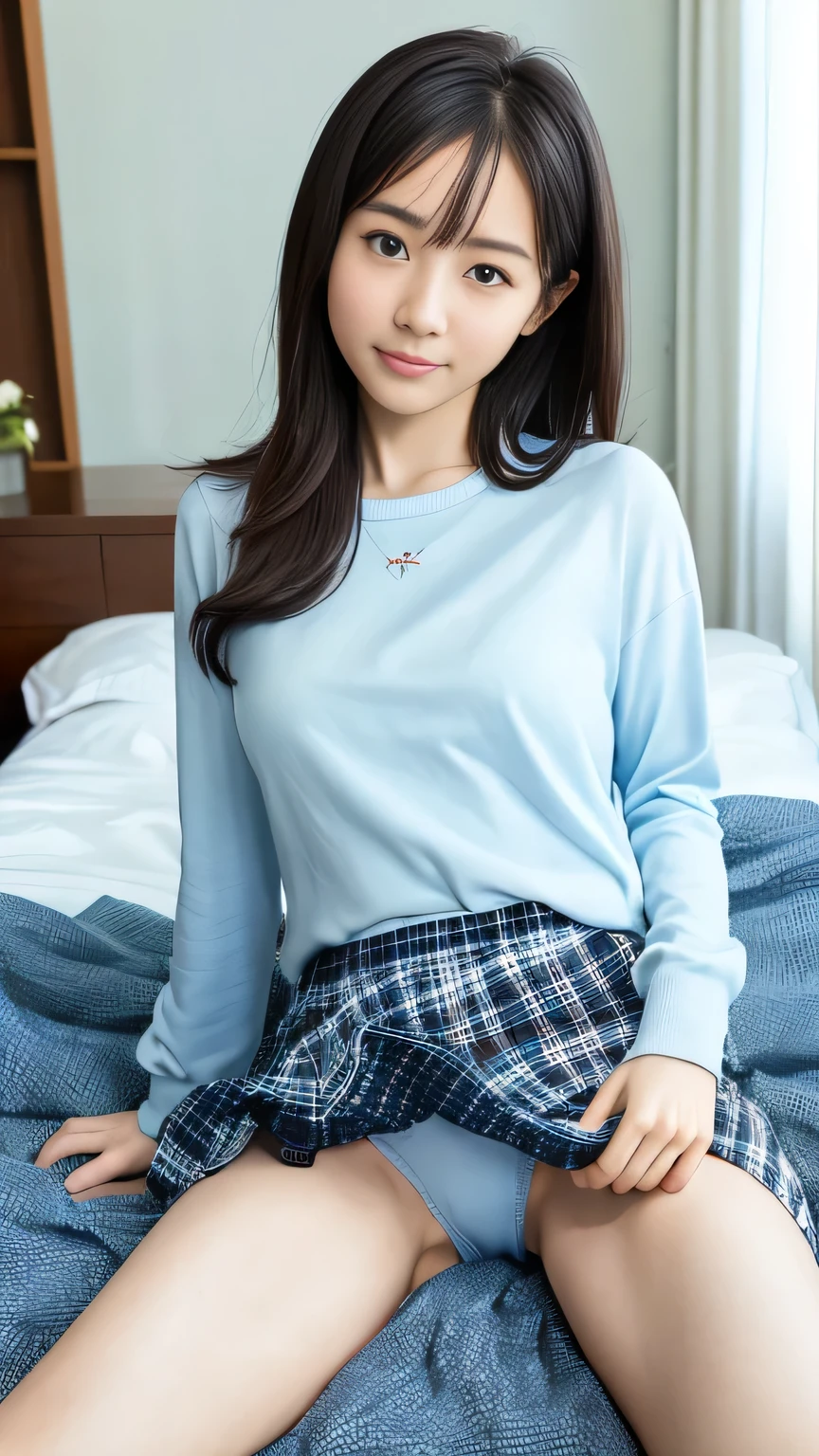 The slim figure of Japanese gals, smile, Glowing Skin, Highest quality, Ultra-high resolution, Very detailed, 8k, RAW Photos) ,Perfect Face、Black Hair、Japanese idol girls、(Very small, firm breasts)、((Cleavage:0.2))、Embarrassed face、blush、whole body(Draw the upper thigh)、On the bed、(Wear a light blue shirt)、Roll up your black and red checked skirt、On your knees、Spread your legs out to the side:1.3、A random glimpse of sexy panties、Attention to detail on arms and legs