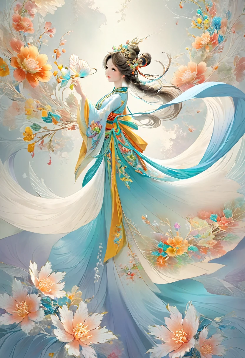 A masterpiece, high resolution, fractal art, Chinese costume, colorful flowers, one beautiful girl, very delicate and detailed art, fluttering costume like a heavenly maiden