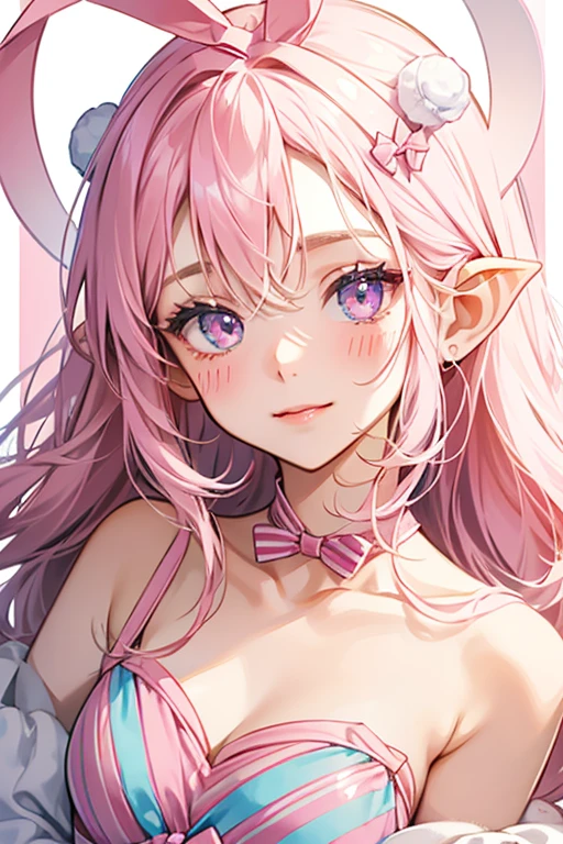 A white and pink diagonal striped candy num with one winking eye, no mouth and pink blushing cheeks. Her knotted ears are light pink, each held with a violet candy bow. SPARKLE; GLITTER