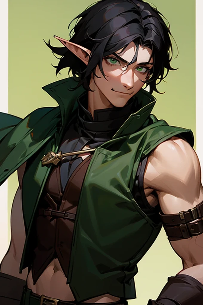 d&d, half-elf, black hair, green eyes, rogue, male, leather vest, grim smile