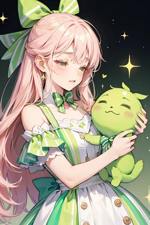 A white and lime diagonal striped candy Num with one shut eye and pale pink cheeks. Her knotted ears match her green stripes and each is held with a yellow bow. SPARKLE; GLITTER