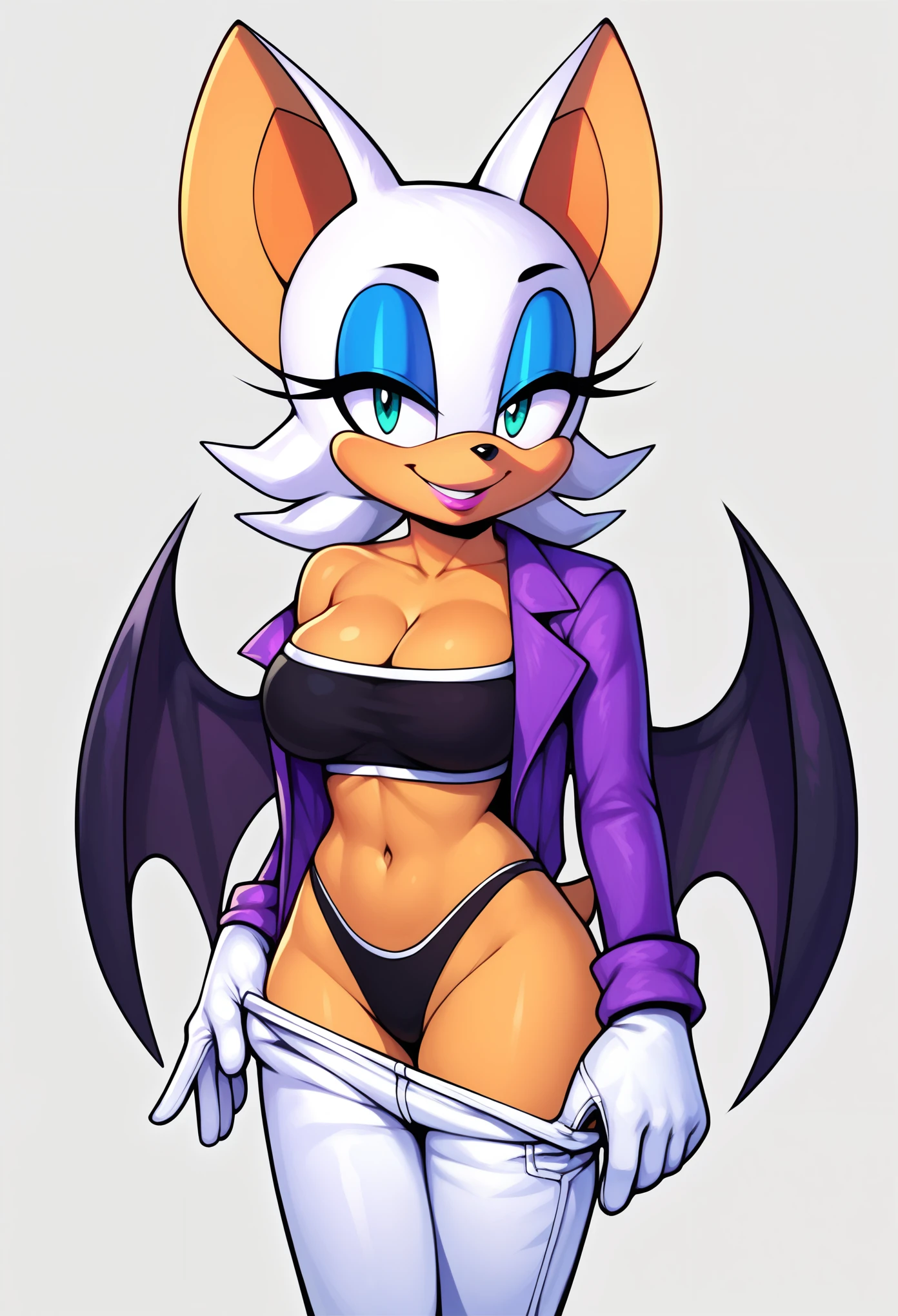 score_9, score_8_up, score_7_up, score_6_up, score_5_up, score_4_up, rouge the bat, (behind view), (viewed from behind), (short body), anthro furry, orange fur, cyan eyes, bat ears, small tail, orange tail, (wearing white pants), (wearing open purple jacket), (wearing black tube top), (black thong), cleavage, white sleeve gloves, sexy curves, big head, (solo), (standing), (pulling down pants), (seductive pose), (seductive look), smile, (looking at viewer), (simple background)