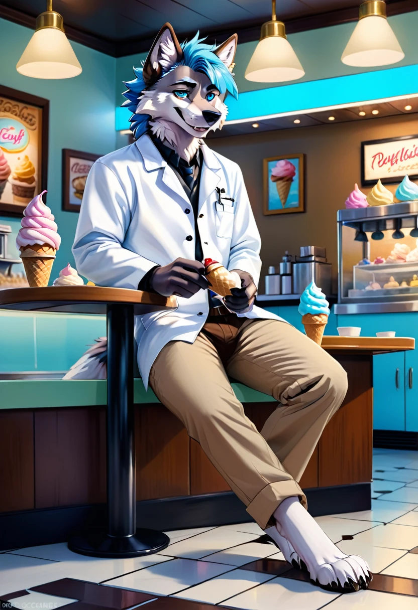 furry character, full body, male, wolf,, rick sanchez, black eyes, blue hair, white lab coat, brown pants, looking at viewer, smiling, sitting, behind a table, inside ice cream parlor, holding ice cream cone, playful ambiance,  high quality, masterpiece,  