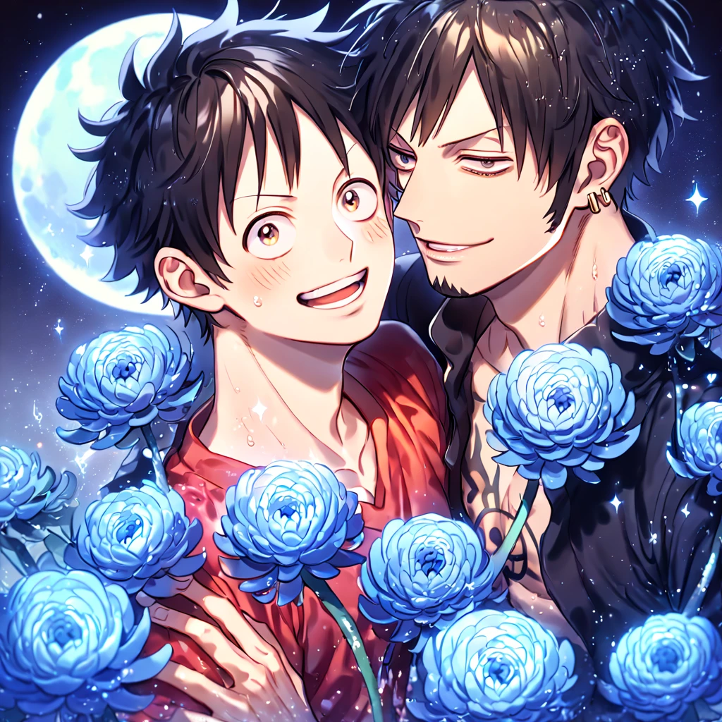 absurdres, highres, ultra detailed, HDR, master piece, best quality, extremely detailed, Trafalgar Law, black hair, expressive gray eyes, One Piece, Monkey D Luffy, black hair, expressive brown eyes, two sexy men together, yaoi, gay couple, handsome, handsome smile, red shirt, black coat, water, sparkling, blue glittering fireflies, blue moon, blue blossoms, blue chrysanthemums, blue sparkling lights, starry sky