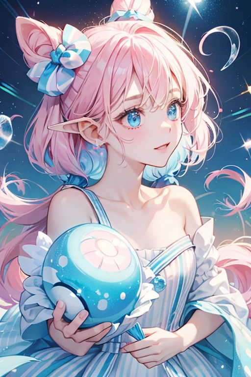 A white and blue swirly striped candy num with a winking eye eye and pale pink cheeks. Her knotted ears are held by pale, frosted pink candy bows. SPARKLE; GLITTER