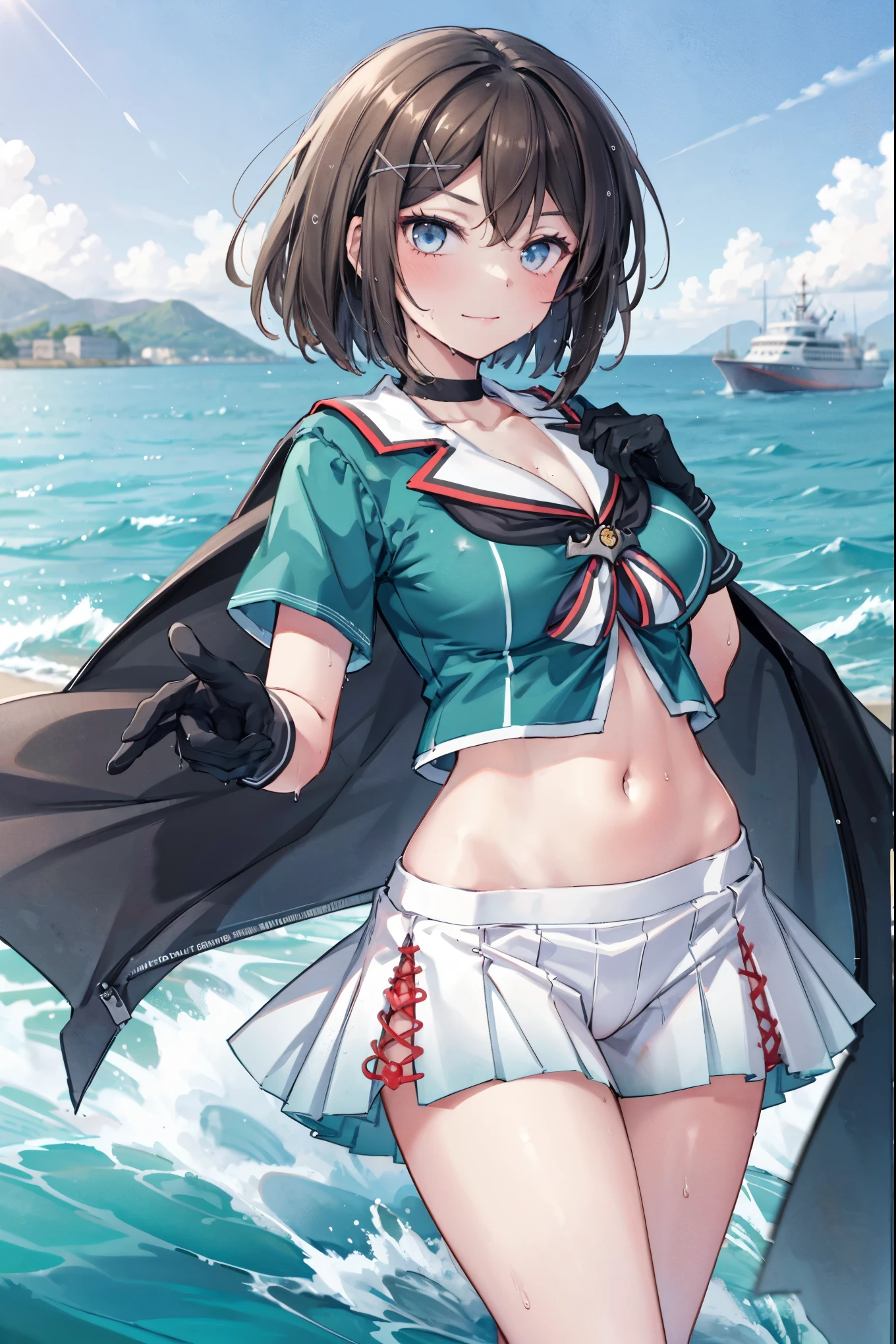 1young_teen_ girl, , brown_hair, medium_bob_hair, blue_midriff_baring_sailor_uniform, mini_skirt, short_sleeve, thighs, gigantic_breasts, (angry:0.6), smile,nihil,standing, harbor_landscape_background, slightly_spread_Legs, happiness, short_gloves, wet,,covered_nipples, covered_crotch,happy,