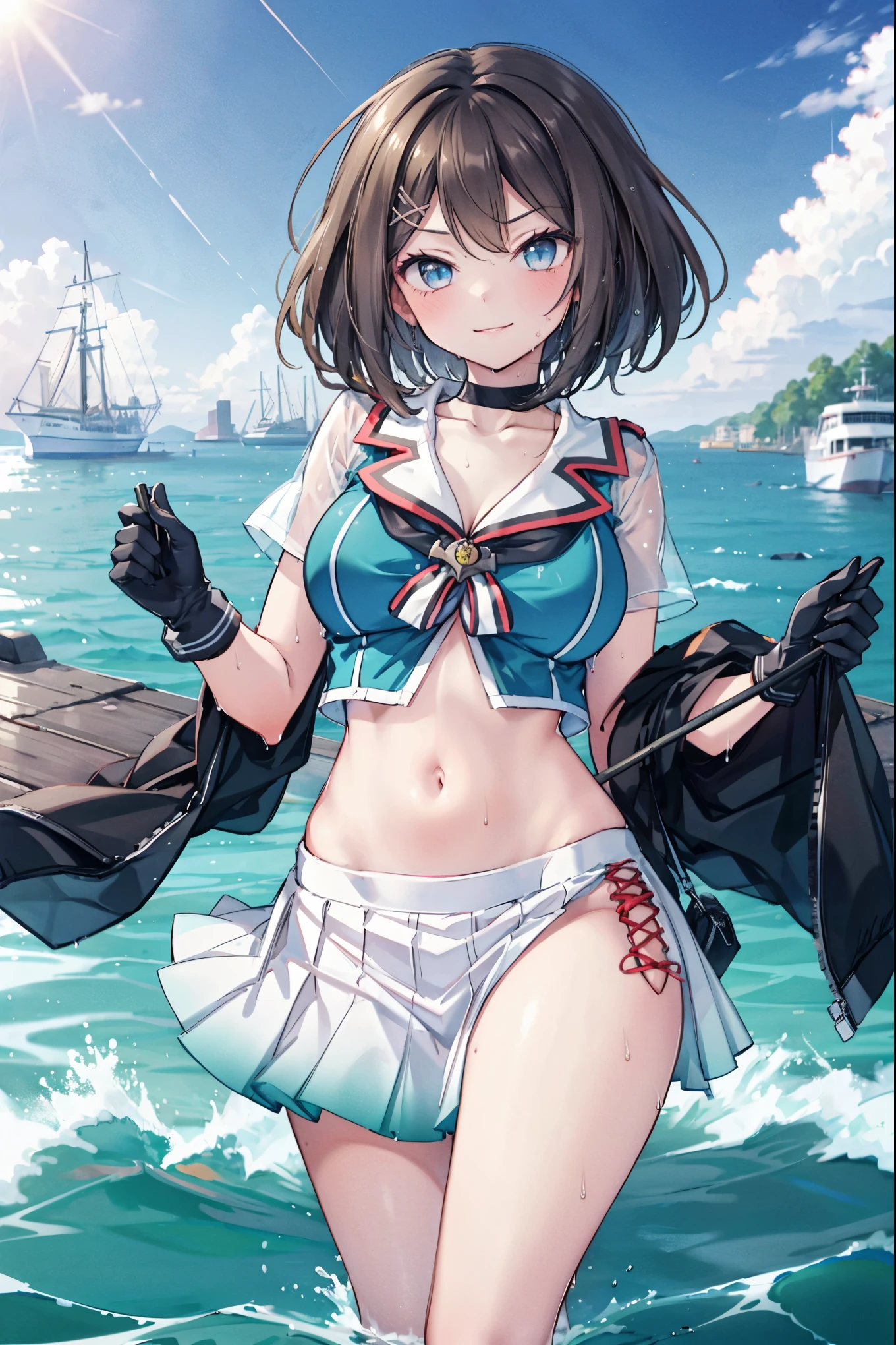 1young_teen_ girl, , brown_hair, medium_bob_hair, blue_midriff_baring_sailor_uniform, mini_skirt, short_sleeve, thighs, gigantic_breasts, (angry:0.6), smile,nihil,standing, harbor_landscape_background, slightly_spread_Legs, happiness, short_gloves, wet,,covered_nipples, covered_crotch,happy,