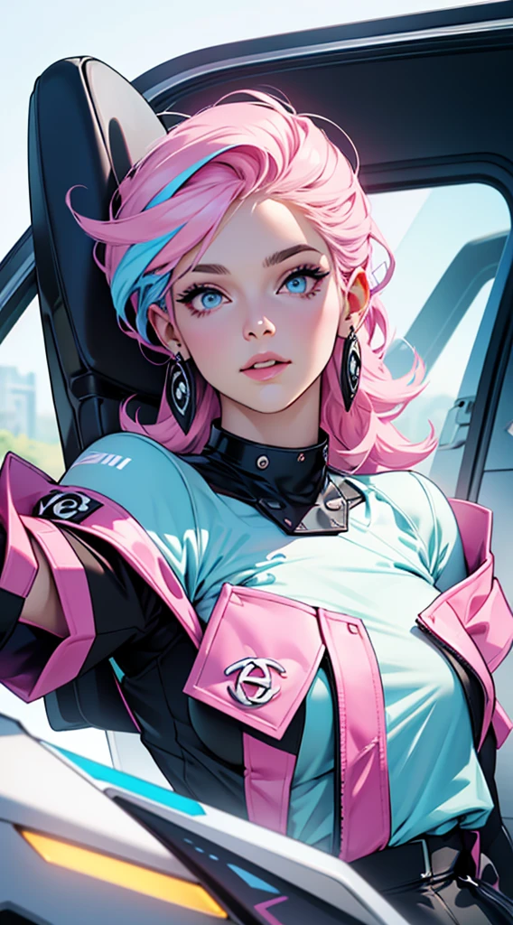 futuristic clothing, cabelo rosa chanel, blue colored eyes, pale skin, demon, claws, bangss, gothic art, full body shot shot, elegant pose, ssmile, Romanticism, work of art, anatomically correcte, high qualiy, super detaill, best qualityer, 4K, 8k, Perfect Woman, the most beautiful woman, her face has to be symmetrical and beautiful, baby pink hair, best qualityer final, beautfull woman, speech bubble, Galaxy,60s,70s,80s,colorfully,cosmo,space, VERY DETAILED EAR FLARERS, pink chanel hair, wear t-shirt written karry66, very detailed hand in 8k