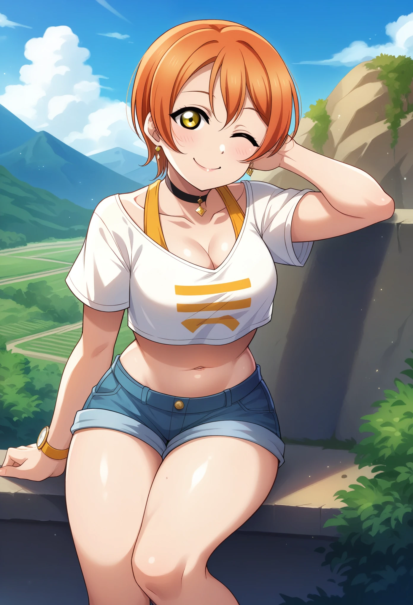 (Masterpiece, Best Quality, High Quality), Rin Hoshizora Love Live, orange hair, yellow eyes, cowboy shot,bangs, crop top overhang, jewelry, closed mouth, earrings, outdoors, sky, short shorts, cute choker, mountain, mountainous horizon, smile ,(lipstick:0.7), thicc thighs ,wink, collarbone, cleavage ,watch