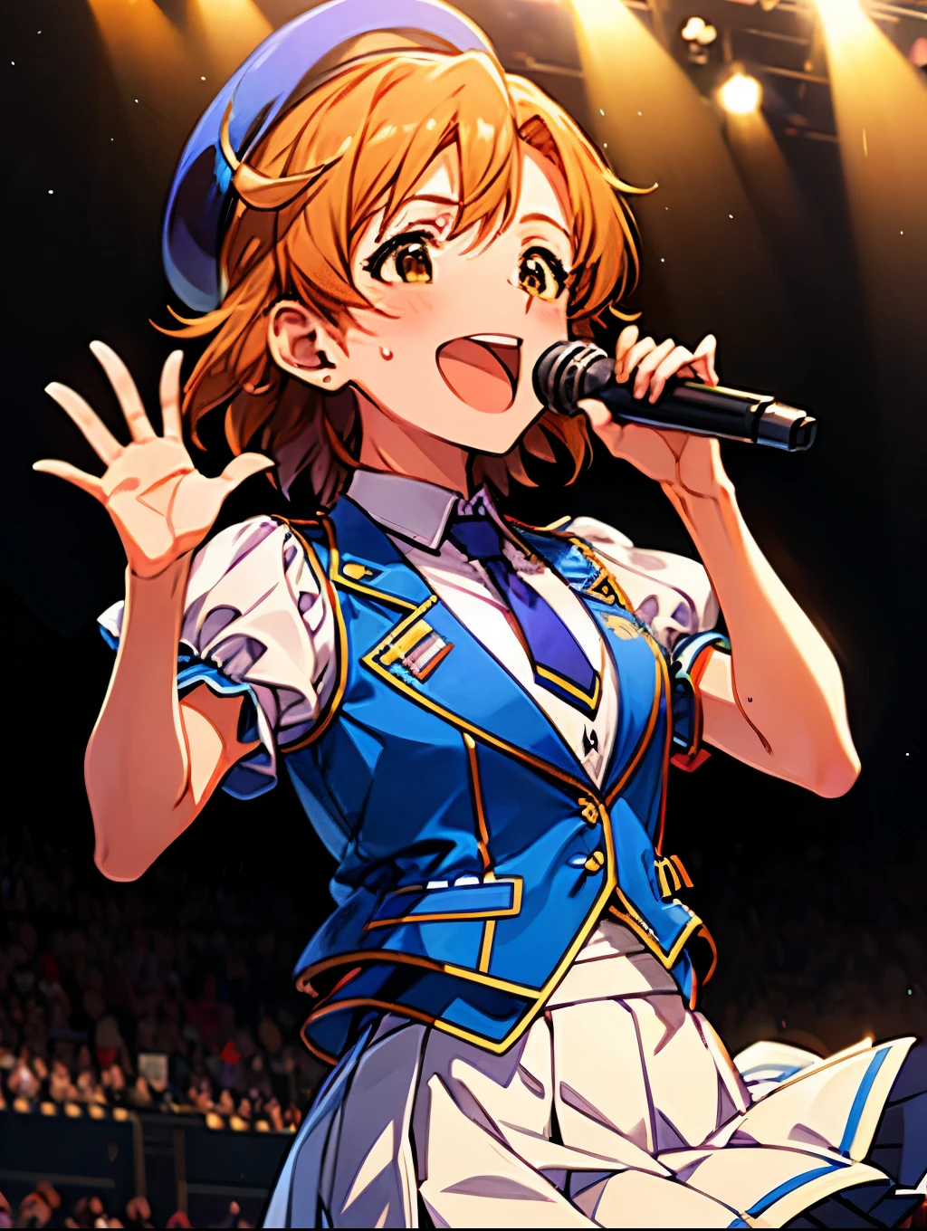 kana yabuki (million live), 1 girl, Solo, Best Quality, masterpiece, 8K, High resolution, Ultra-detailed, madeon, singing on the stage, smile, have fun, ;d, waving, sweat, idol costume, white beret, blue vest, white shirt, puffy sleeves, short sleeves, white skirt, pleated skirt, necktie,