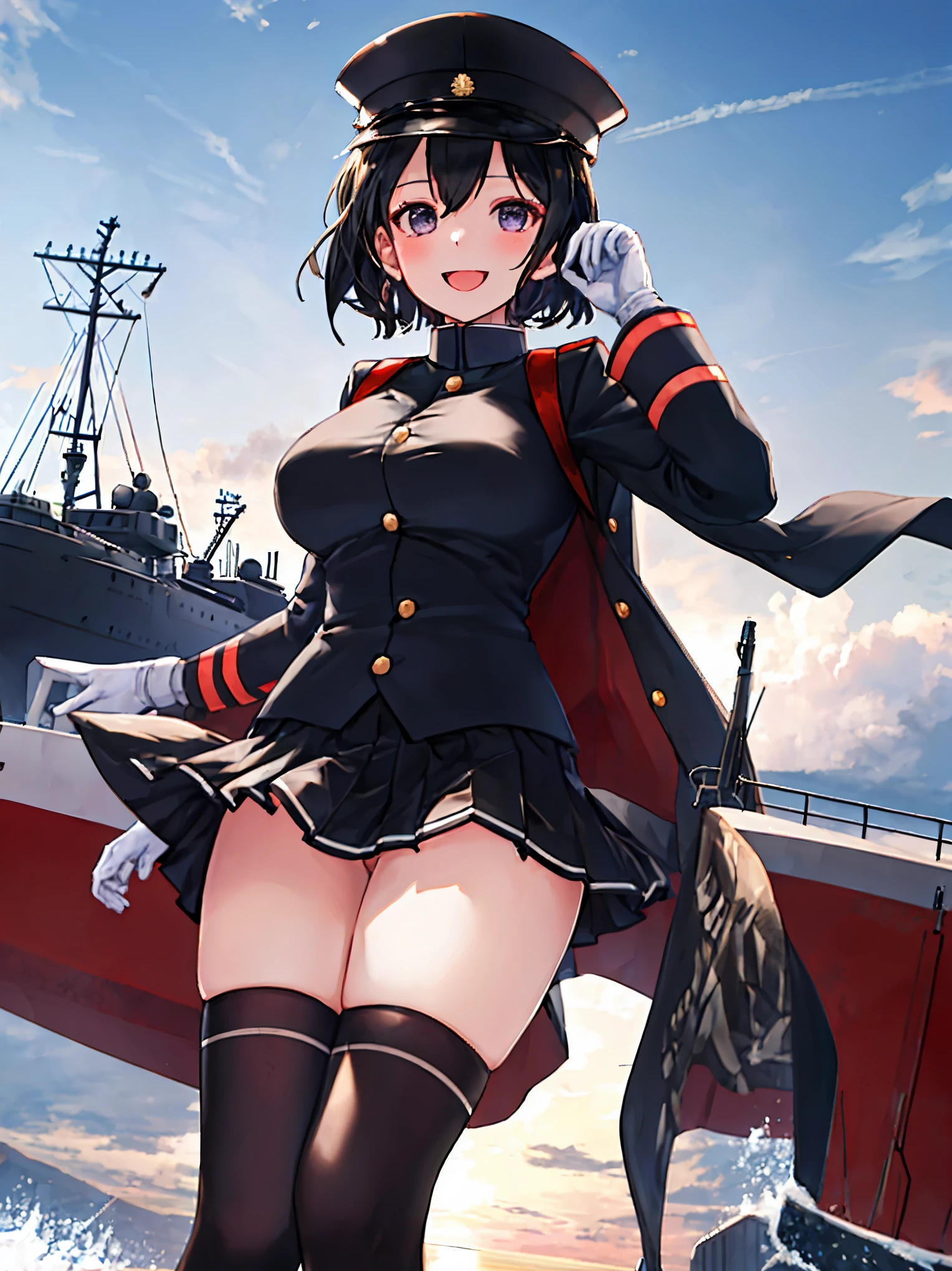 best quality, masterpiece, solo, {akitsu_maru_kantaicollection:1.15}, black_hair, short_hair, hat, peaked_cap, black_eyes, military, big_breasts, 1girl, black_headwear, looking_at_viewer,black_ military_uniform, uniform, military_hat, in_front_harbor_town_landscape_background, smile,(plump:0.7),,black_thigh-highs,joylight_open_mouth,white_skin