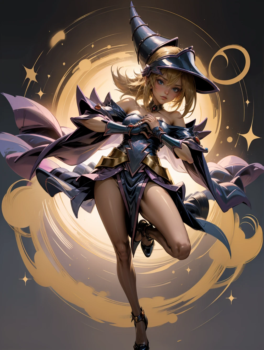 (masterpiece:1.2), (The best quality:1.2), perfect lighting, Dark Magician Girl casting a spell, in battle. floating in the air, visible medium tits, transparent neckline, blue robe, big hat, from above, Sparkles, Yugioh game, The magic of the heart. LIGHTS OF THE HEART, romantic heart. She wears heels. has heels. Wear heels 