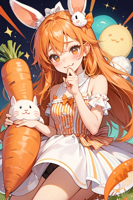 A white and orange striped bunny with one eye in a squinted wink and a pair of blushed cheeks. She wears a carrot-colored bow on her ears. SPARKLE; GLITTER