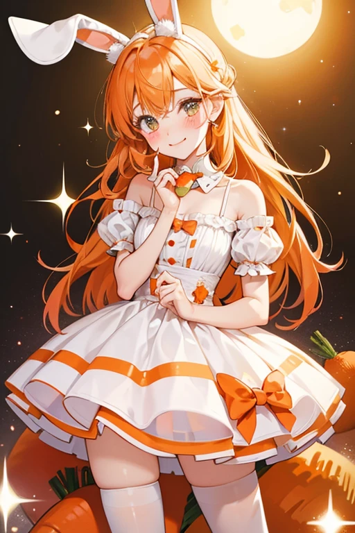 A white and orange striped bunny with one eye in a squinted wink and a pair of blushed cheeks. She wears a carrot-colored bow on her ears. SPARKLE; GLITTER