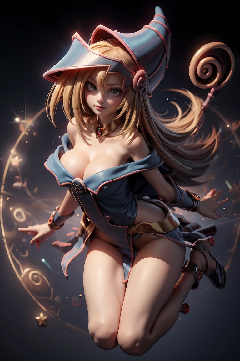 (masterpiece:1.2), (The best quality:1.2), perfect lighting, Dark Magician Girl casting a spell, floating in the air, big tits, neckline, magic background. Transparent hearts in the air, blue robe, big hat, from above, Sparkles, Yugioh Card in the background. In heels and a bikini