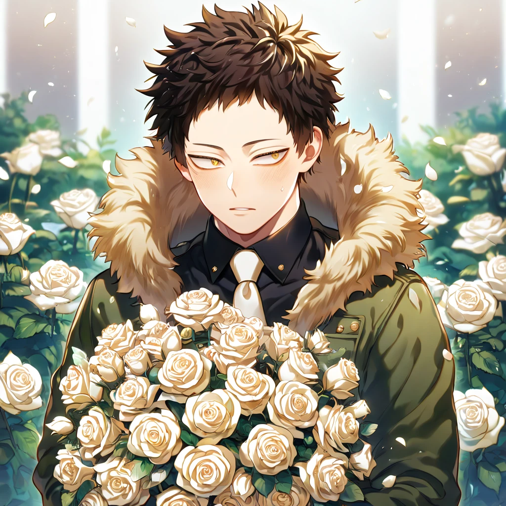 Ultra detailed, Highres, absurdres, HDR, master piece, best quality, Overhaul, dark brown hair, short hair, short bangs, long eyelashes, expressive golden eyes, green coat with a fur collar, black shirt, white necktie, Boku No Hero Academia, sexy man, white petals, white roses, garden, handsome, sensual, white gloves,