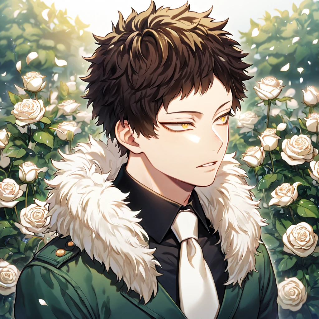 Ultra detailed, Highres, absurdres, HDR, master piece, best quality, Overhaul, dark brown hair, short hair, short bangs, long eyelashes, expressive golden eyes, green coat with a fur collar, black shirt, white necktie, Boku No Hero Academia, sexy man, white petals, white roses, garden, handsome, sensual, white gloves,
