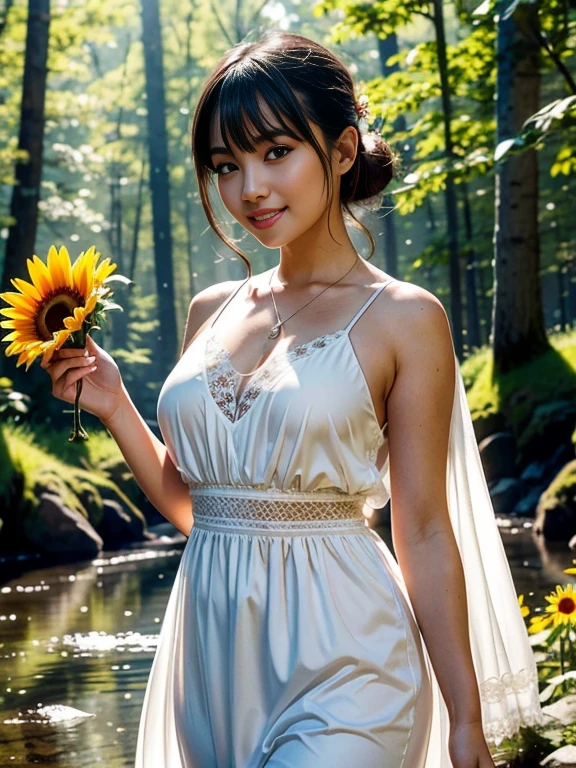 (masterpiece, best quality), outstanding details, ultra-high resolution,
anatomically correct, wide shot, atmospheric perspective,
A beautiful woman walking along a stream in the forest, A lovely Japanese woman, 30 years old,
cowboy shot, (holding a sunflower, reaching out),
(chubby),
Happy smile, Mouth slightly open, looking at viewer,
round face, tareme, Downturned Eyes, pupils sparkling, small cute nose, thin lips, thin eyebrows,
brown hair, low ponytail, short hair, swept bangs,
(wearing A white elegant slip dress made of a transparent smooth material),
(background: Serene riverside with blossoming wildflowers at the forest)
depth of field, backlighting, morning sunlight, cinematic lighting, Reflected light from below, reflection light, dreamy atmosphere, animated expression,
