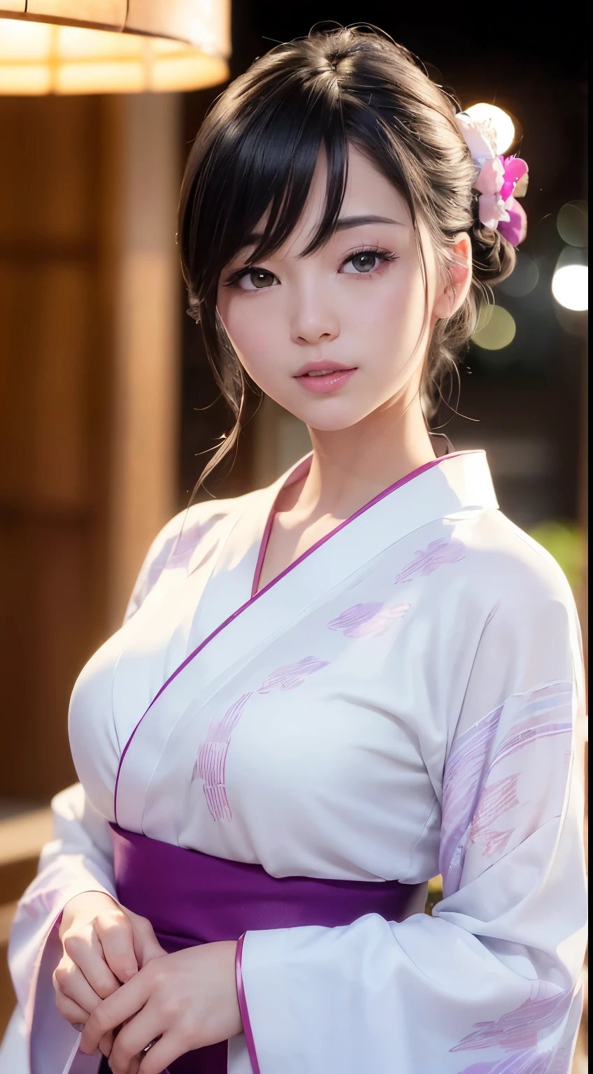 (logo、masterpiece、8k、Tabletop、RAW Photos、wonderful、最high quality、フォトリアリスティックでVery detailedな CG 複合 8k 壁紙、high quality、Very detailed、Narrative poem、Particle Effects、Dynamic Effects、Depth of the Boundary、Cinematic Light、Lens flare、Ray Tracing)、 (One beautiful woman wearing a yukata、White yukata、Light purple pattern)、Black-haired、High definition skin、Very fine、Fine skin texture、Beautiful Face、True Face、Beautiful details in the eyes、Realistic eyes、Beautifully detailed eyes、Realistic Skin、Beautiful Skin、Surreal、Smiling Eyes、Hair and light eyes、vivid、Colorful lights and bokeh、plump lower lip、Pink Lips、Hair flutters in Wind、Hair bounces、wonderful景色、night、evening、Wind、moonlight、moonlight、light