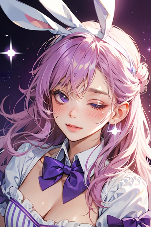 A white and purple striped bunny with one squinting wink eye and blushed cheeks. She wears a violet bow on her ears. SPARKLE; GLITTER