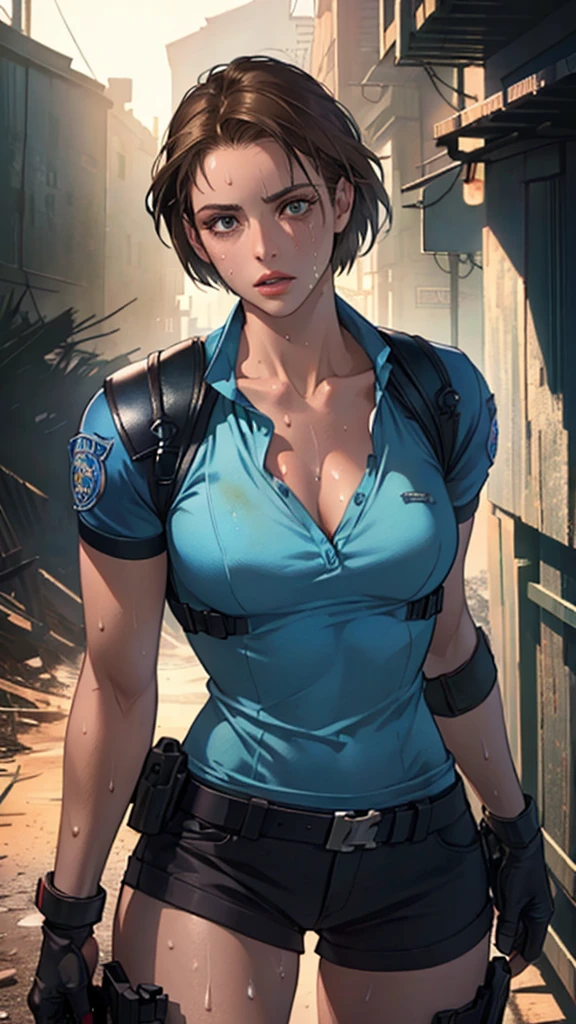 ((((masterpiece, best quality, high resolution)))), Extremely detailed 8K, 1 female, (Jill Valentine from Resident Evil) wearing a futuristic police gear, (Ultra HD, Ultra-detailed, Highly detailed, Highly realistic, Ultra-realistic, photograph realistic), (1girl:1.5), (Realistic short brown hair), (dynamic poses), facing at camera, looking at viewer, (a serious focus face), (regular black eyes, sharp eyes), (perky breasts:1.2), (beautiful detailed face, beautiful detailed eyes), ((slightly sweating)), (post-apocalyptic world background), sweat, glow, (sunbeam, sunlight), ((cowboy shot)), seductive, EnvyBetterHands LoCon,